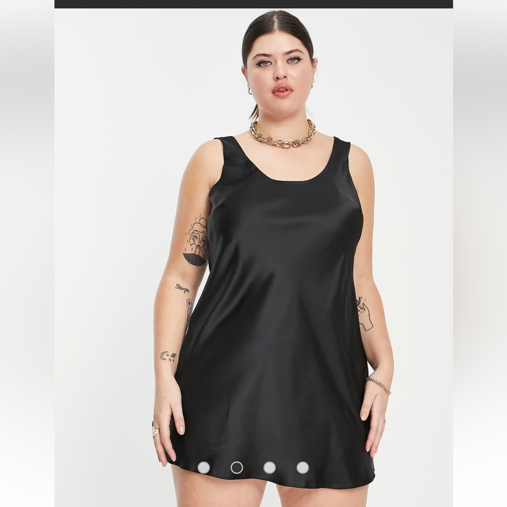 NWT Black satin mini dress scoop neck curve